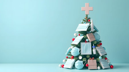 A beautifully decorated Christmas tree with gifts, colorful ornaments, and a lovely cross, perfect for celebrationsの写真素材