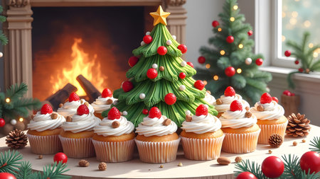 A beautifully arranged table topped with delicious cupcakes that are expertly decorated to resemble a festive Christmas treeの写真素材