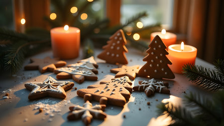 On a beautifully decorated table in front of a large window, there are delightful Christmas cookies alongside flickering candles, creating a warm atmosphereの写真素材