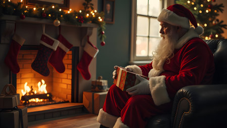 Santa Claus, with his jolly figure, is sitting comfortably in a chair right in front of a warm fireplace, holding a beautifully wrapped present in his handsの写真素材