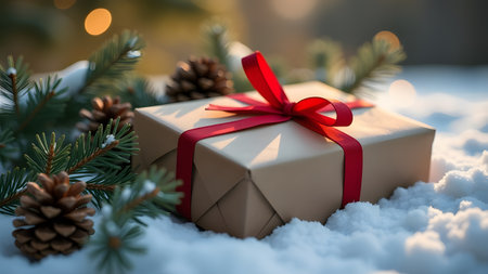 A beautifully wrapped Christmas present adorned with a vibrant red ribbon is thoughtfully placed in the soft, glistening snowの写真素材