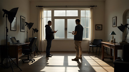There are two men currently standing in front of a large window located within a room, observing the picturesque view outsideの写真素材