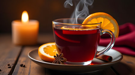 Enjoy a warm cup of fragrant tea accompanied by refreshing orange slices and aromatic cinnamon sticks, all beautifully placed next to a glowing candleの写真素材