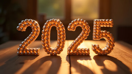 The number 2025, which is visually crafted from beautiful pearls, sits elegantly on a polished...