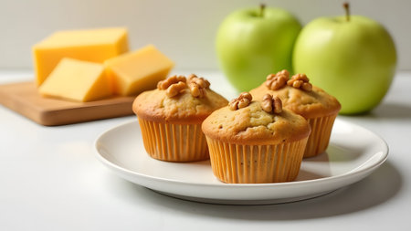 The image shows muffins topped with walnuts on a plate. In the background, you can see chunks of...