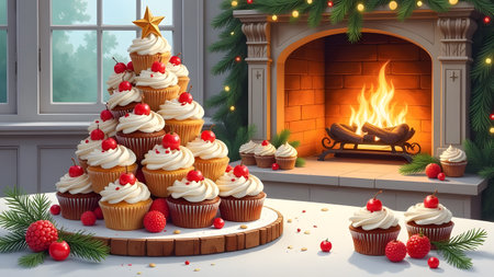 Cupcakes on a table decorated to resemble a Christmas treeの写真素材
