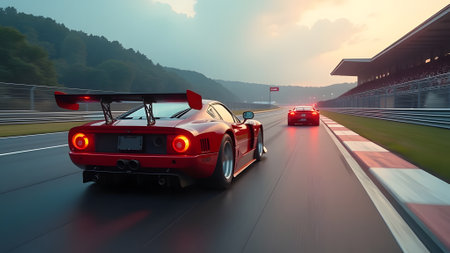 Two vibrant red sports cars are speeding down a wellmaintained race track, their engines roaring against the backdrop of a clear skyの写真素材