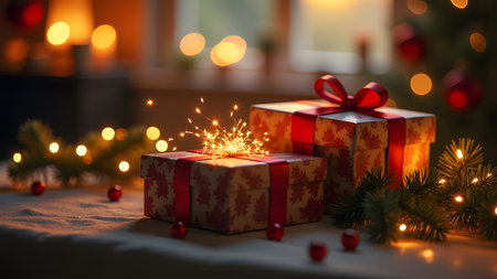 A wooden table with Christmas presents and a tree in the backgroundの写真素材