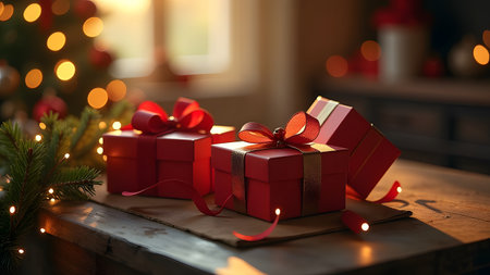 A wooden table with Christmas presents and a tree in the backgroundの写真素材