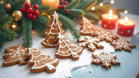 Gingerbread cookies, uniquely shaped like trees and stars, are beautifully adorned with icing and festive decorationsの写真素材