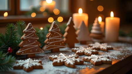 Christmas cookies and candles are on a table by a windowの写真素材