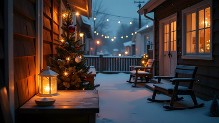A cozy winter night with a decorated Christmas tree and a snowy porch enhances the serene atmosphereの写真素材
