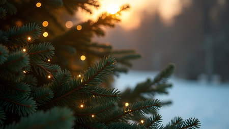 A serene view of a beautiful Christmas tree decorated with colorful lights against a stunning sunset backdropの写真素材