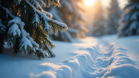 A beautiful snowy forest scene with the bright sun shining through the trees.