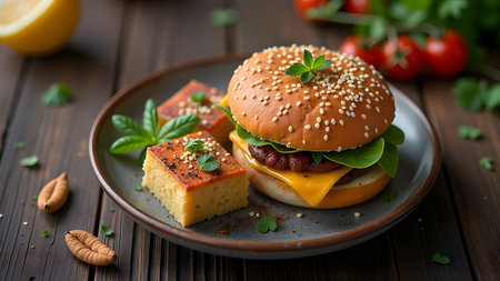 A truly mouthwatering burger loaded with cheese and fresh greens, accompanied by a delightful slice of sweet cakeの写真素材