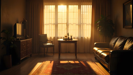 A cozy living room with a couch, chair, coffee table, and bright windowの写真素材