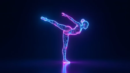 A glowing silhouette of a person handstanding on a dark backgroundの写真素材