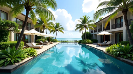 Experience the Tropical Oasis featuring a serene Pool amid lush and vibrant Surroundings