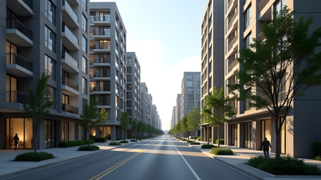 A modern urban landscape showcasing contemporary apartment buildings in a vibrant city settingの写真素材
