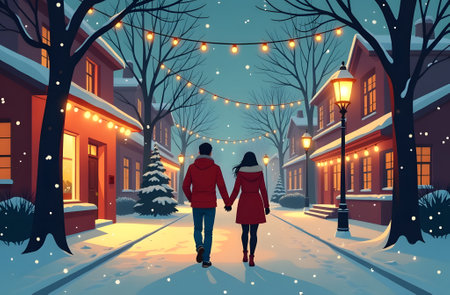 A lovely couple strolls hand in hand along a snowy street that is beautifully adorned with twinkling lightsの写真素材
