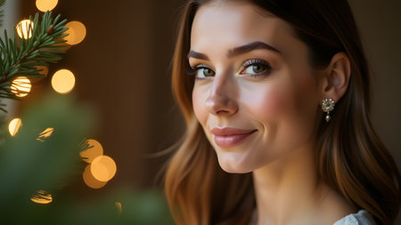 Portrait of beautiful young woman with Christmas tree in the background.の素材