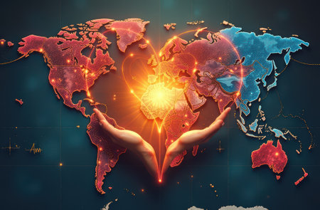 Illuminated world map with heart and hands symbolizing global unity and compassion.の写真素材