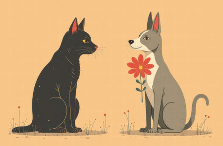 Whimsical cats with flower on orange background - playful animal characters for art and decor.