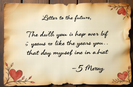 Nostalgic message on vintage paper with heart and flower decorations.の写真素材