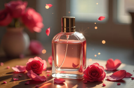 Elegant perfume bottle with rose petals and magical light reflections for fragrance ad design.の写真素材