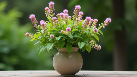 Vibrant floral arrangement with pink blossoms in a ceramic vase on wooden table.