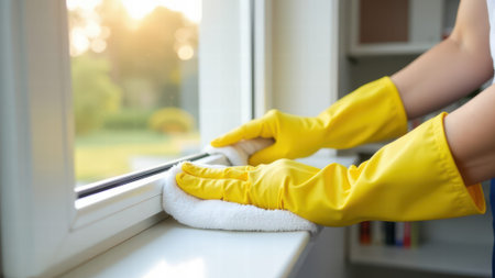 Effective window cleaning: hands in yellow gloves illustrate hygiene and maintenance at home.