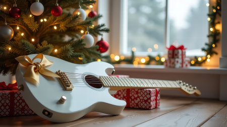 Festive holiday guitar under christmas tree with lights and gifts.の写真素材