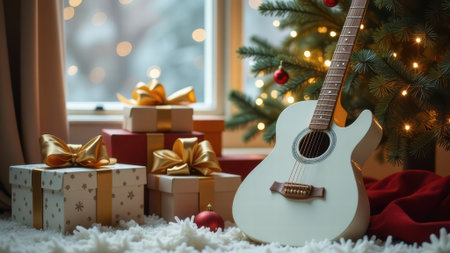 Cozy christmas morning with gifts and guitar by the tree.の写真素材