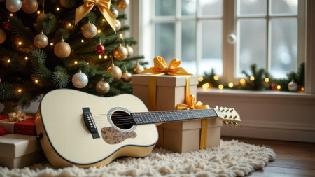 Festive christmas scene with guitar and gift boxes by the tree for holiday celebration.の写真素材