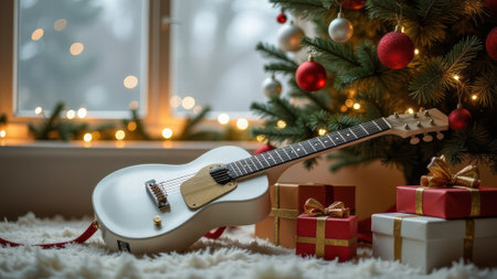 Cozy christmas scene with guitar and gifts by the decorated tree.の写真素材