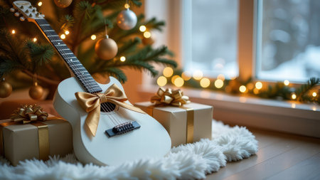 Festive christmas scene with gift-wrapped guitar under decorated tree and warm lights.の写真素材