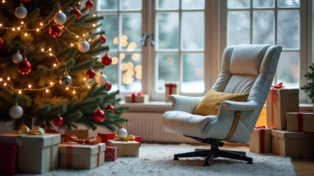 Cozy christmas living room with decorated tree and gifts by the window.の写真素材
