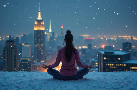 Meditative solitude in urban winter wonderland at night.の写真素材