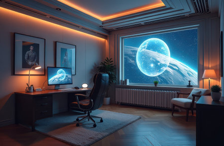 Futuristic home office with space view for creative inspiration.