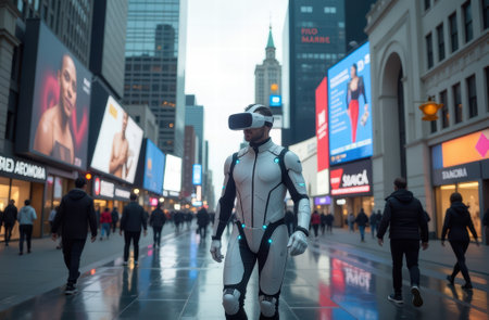 Futuristic urban exploration with advanced virtual reality technology in bustling cityscape.の写真素材