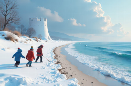 Winter adventure: children playing by the snowy beach with historic tower.の写真素材