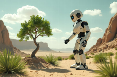 Futuristic robot exploring desert oasis with lone tree under clear sky.の写真素材