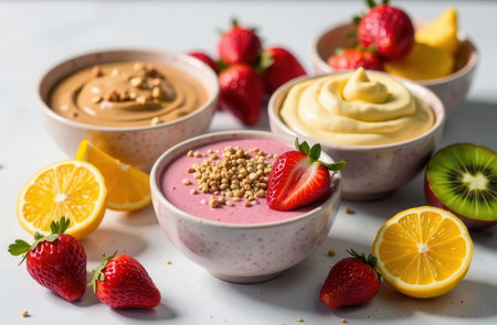 Colorful assortment of yogurt and fresh fruits with strawberries, lemon, and kiwi.の写真素材