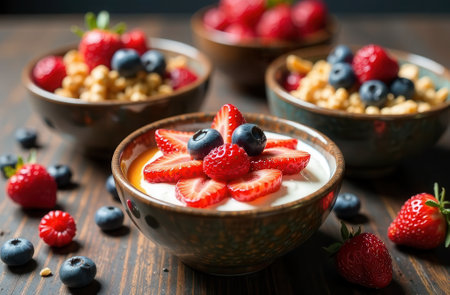 Fresh berry topped yogurt bowls with strawberries and blueberries on wooden table.の写真素材