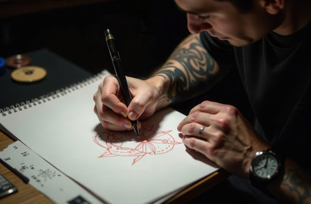 Male adult caucasian tattoo artist designing a tattoo sketch in a studio.の写真素材