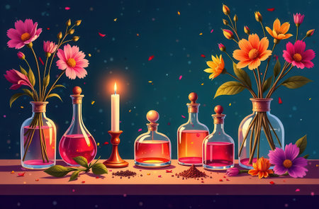 Colorful floral arrangements and candles with natural scents on a vibrant background.の写真素材