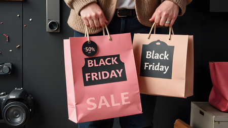 Female holding shopping bags with black friday discount labels.の写真素材