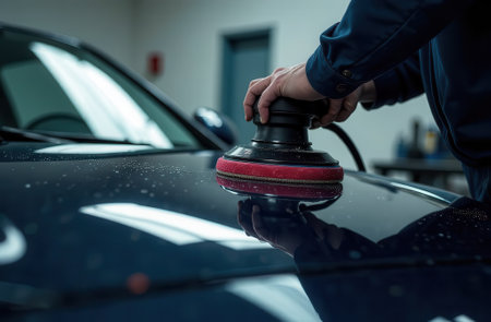 Close-up of car buffing for high-gloss finish by male adult.の写真素材