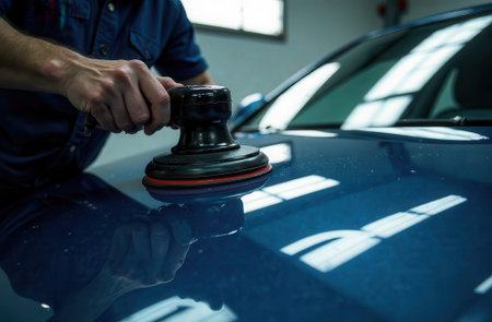 Caucasian male adult polishing blue car surface in garage setting.