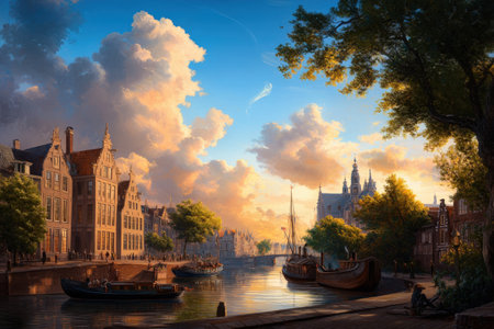 Tranquil canal scene with historic buildings and boats at sunset.の写真素材